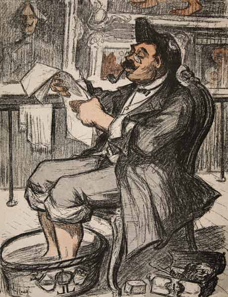 A government official reading his newspaper with a footbath, illustration from ''L''assiette au Beur von Eugene Cadel