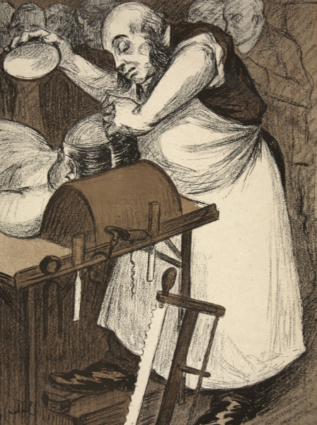 A coroner examining the head of a corpse, illustration from ''L''assiette au Beurre: Les Fonctionnai von Eugene Cadel