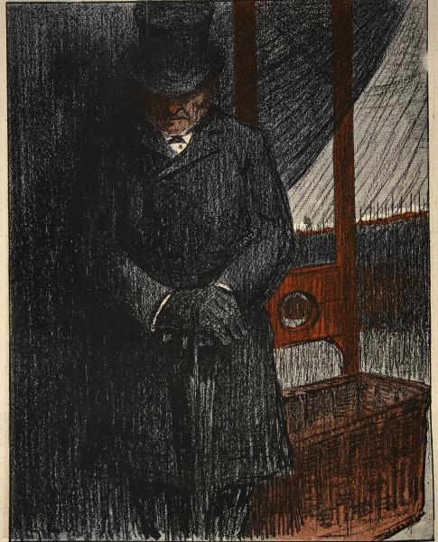 An undertaker awaits his next victim by the guillotine, illustration from ''L''assiette au Beurre: L von Eugene Cadel