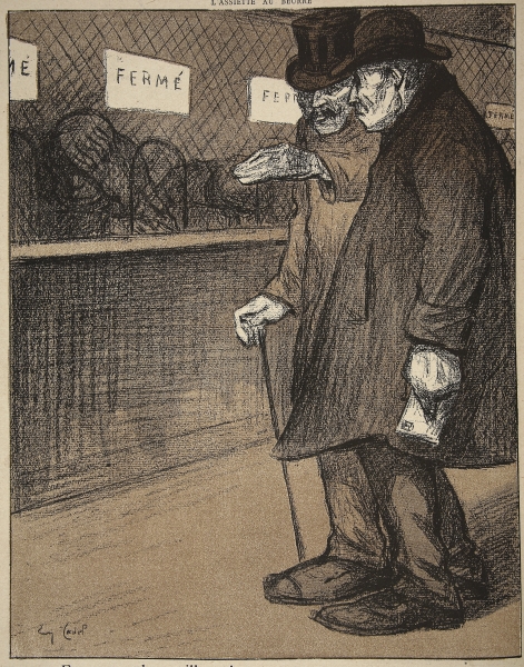 Two elderly gentlemen walking past closed counters, illustration from ''L''assiette au Beurre: Les F von Eugene Cadel