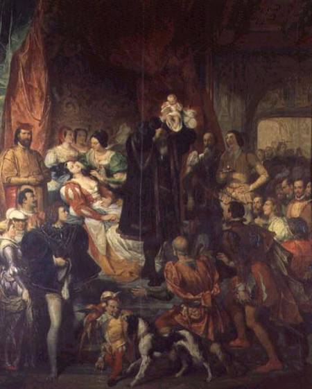 The Birth of Henri IV (1553-1610) at the castle of Pau, 13th December 1553 von Eugène Devéria