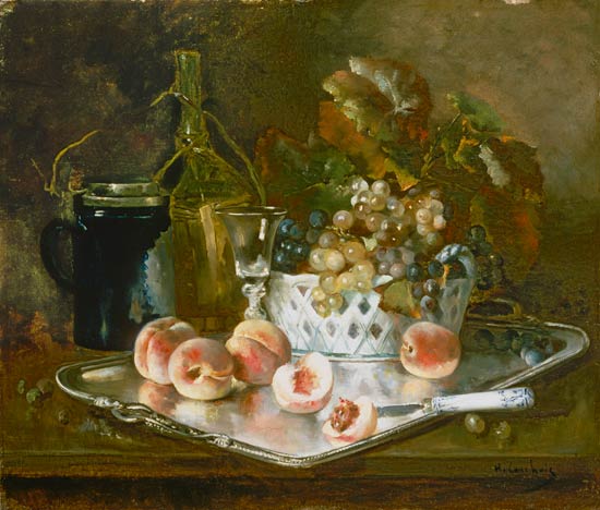 Stillleben mit Pfirsichen, Trauben und Weinglas von Eugene Henri Cauchois