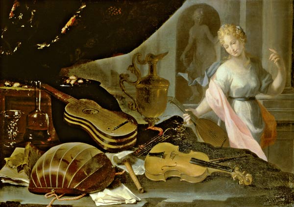 Still Life of Musical Instruments, with a Female Figure von Evaristo Baschenis
