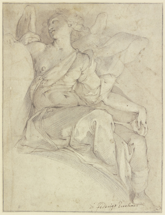 Engel mit entblößter Brust auf einem Rundgiebel sitzend, eine Wappenkartusche haltend von Federico Zuccari