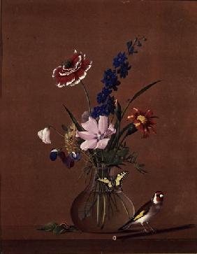 Blumenstrauss mit Schmetterling und Vogel 1850