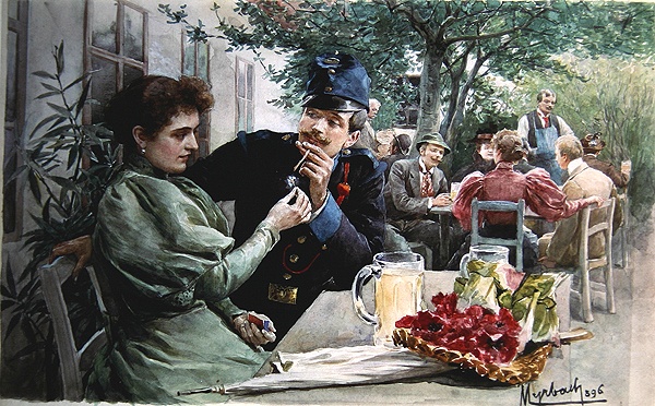 Soldier and a Young Girl Drinking New Wine, 1896 (w/c on paper)  von Felicien baron de Myrbach-Rheinfeld