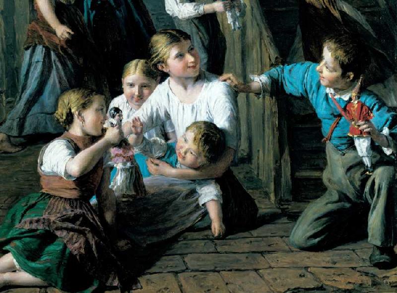 Kinder, mit Puppen spielend. 1864. Detail von Ferdinand Georg Waldmüller
