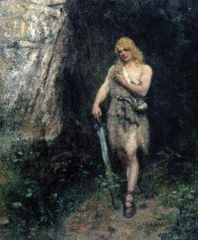 Siegfried vor Fafners Höhle mit dem Ring und dem Schwert Notung