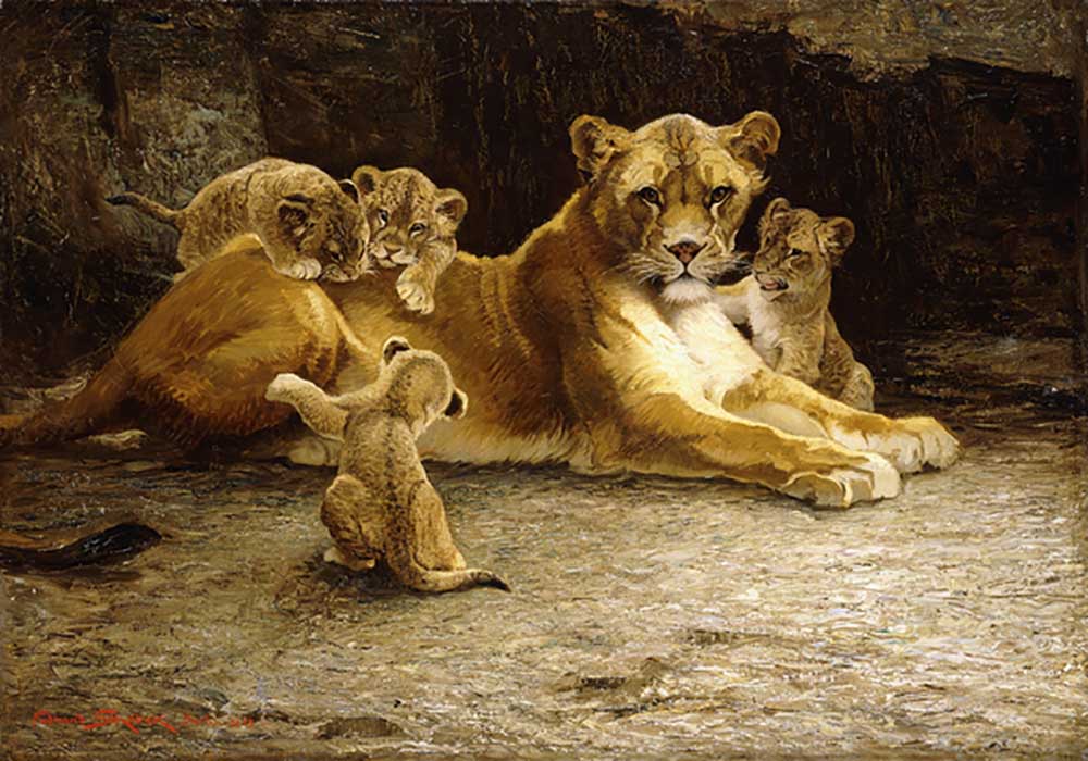 Eine Löwin mit ihren Jungen, 1913 von Ferdinand Schebek