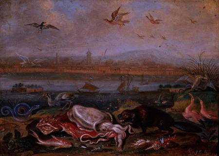 Creatures from the four continents in a landscape with a view of Canton in the background von Ferdinand van Kessel