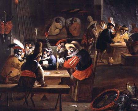Monkeys in a Tavern, detail of the card game von Ferdinand van Kessel