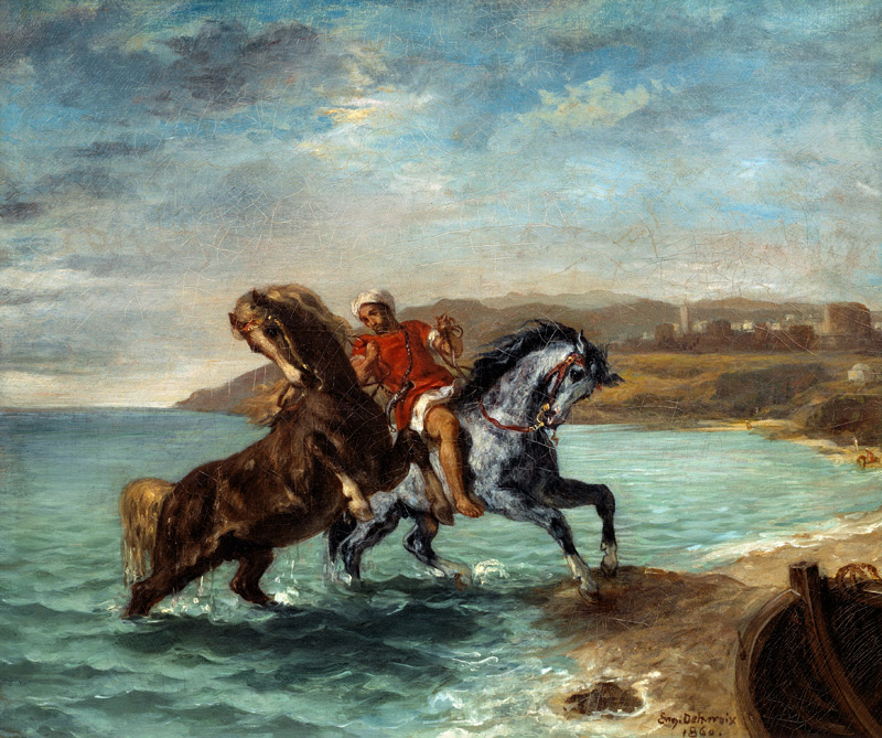 Zwei Pferde entsteigen dem Meer von Ferdinand Victor Eugène Delacroix