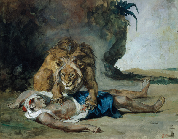 Löwe an der Leiche eines Arabers. von Ferdinand Victor Eugène Delacroix
