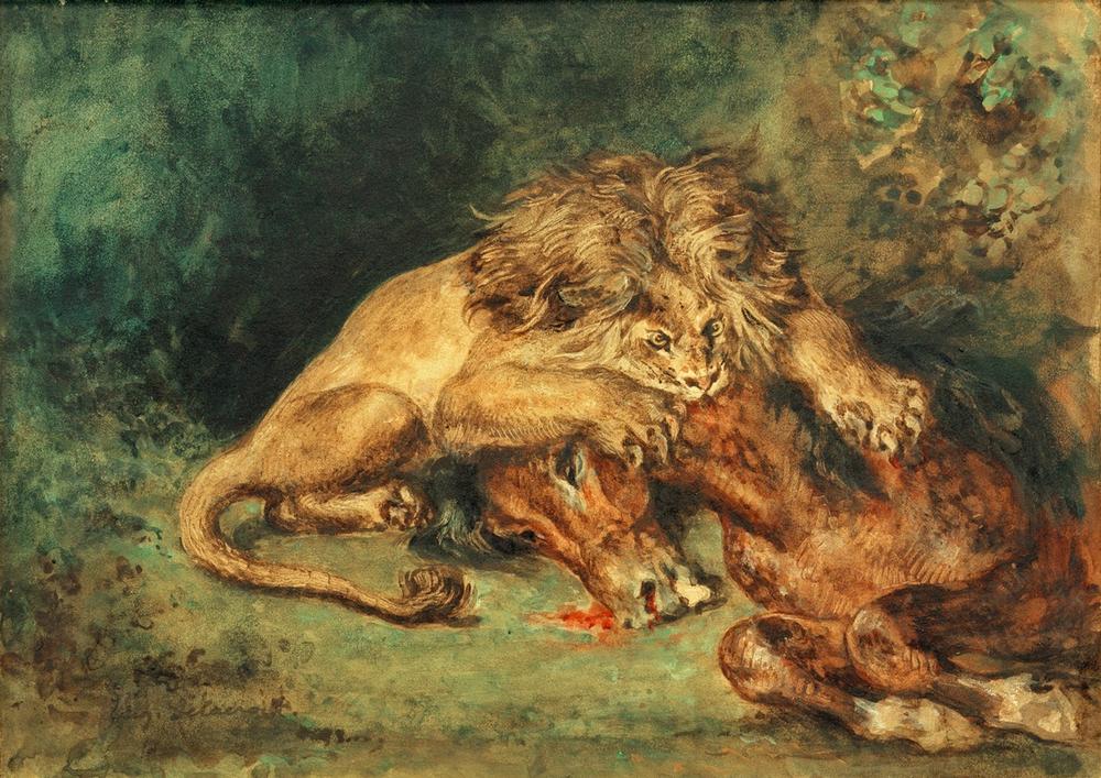 Löwe, ein Pferd reißend von Ferdinand Victor Eugène Delacroix