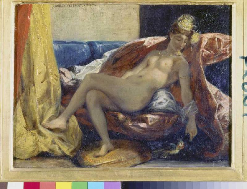 Nackte Frau, einen Papagei streichelnd. von Ferdinand Victor Eugène Delacroix