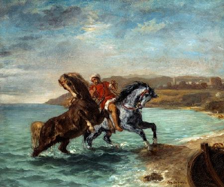 Zwei Pferde entsteigen dem Meer 1860