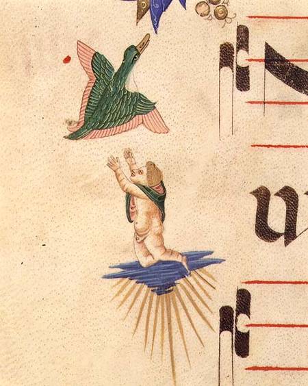 Missal 515 f.13v A cloaked cherub trying to catch a flying bird, from a decorative border von Filippo di Matteo Torelli