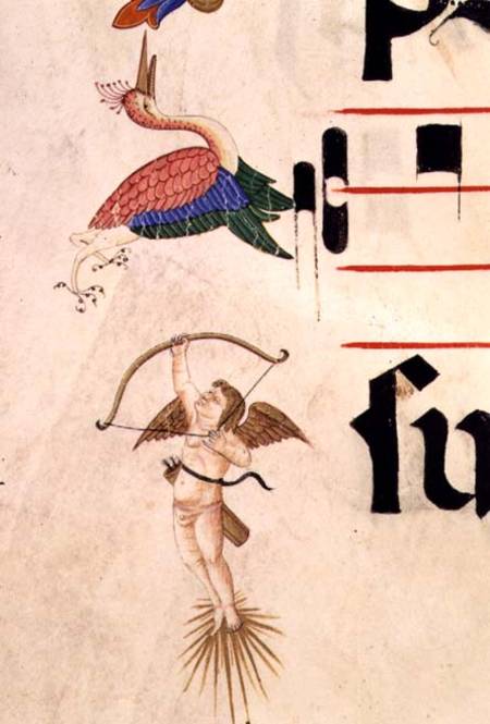 Missal 515 f.5r A Cherub shooting a stork with a bow and invisible arrow von Filippo di Matteo Torelli