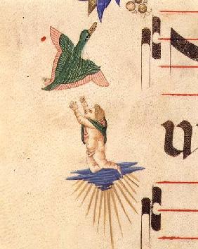 Missal 515 f.13v A cloaked cherub trying to catch a flying bird, from a decorative border detail fro