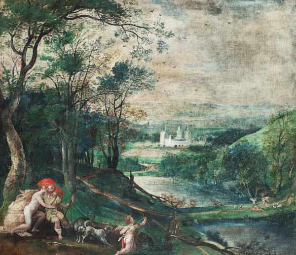 Venus und Adonis in waldiger Landschaft vor Schloss Beersel