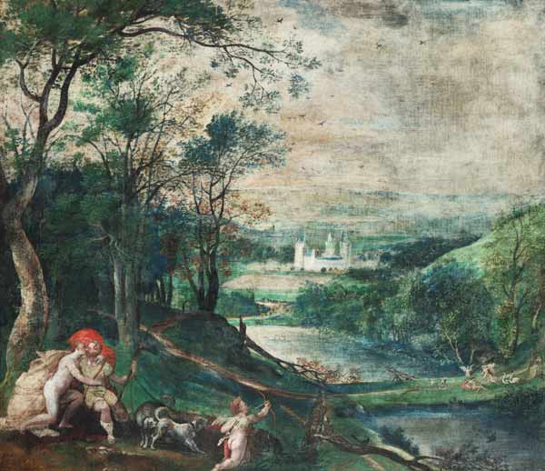 Venus und Adonis in waldiger Landschaft vor Schloss Beersel von Flämisch/Holländisch