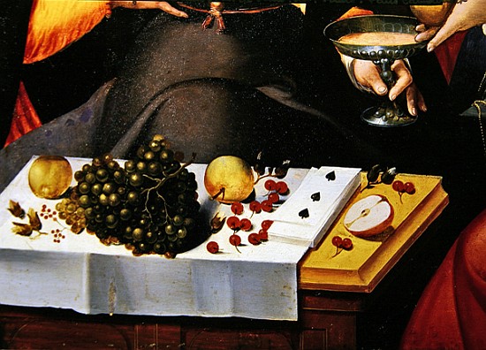 Scene Galante at the Gates of Paris, detail of fruits, playing cards and a goblet (detail of 216104) von Flemish School
