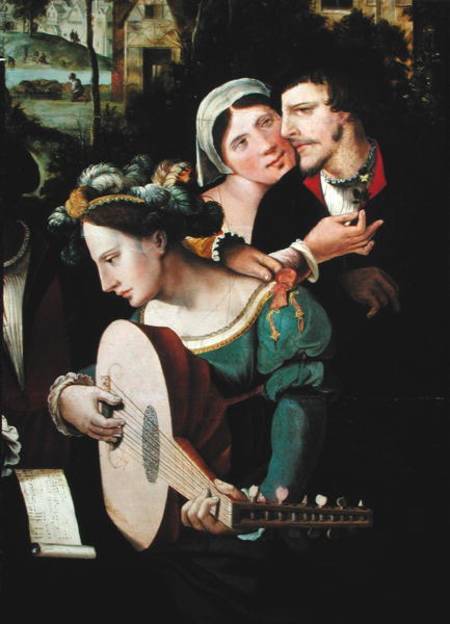 Scene Galante at the Gates of Paris, detail of a couple and a lute player von Flemish School