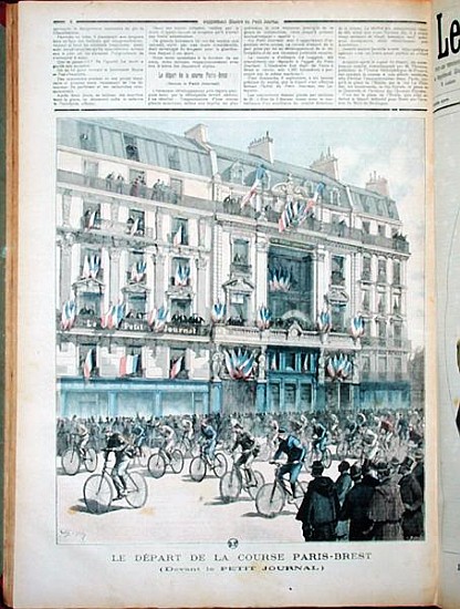 The start of the Paris-Brest bicycle race in front of the offices of ''Le Petit Journal'', illustrat von Fortune Louis Meaulle