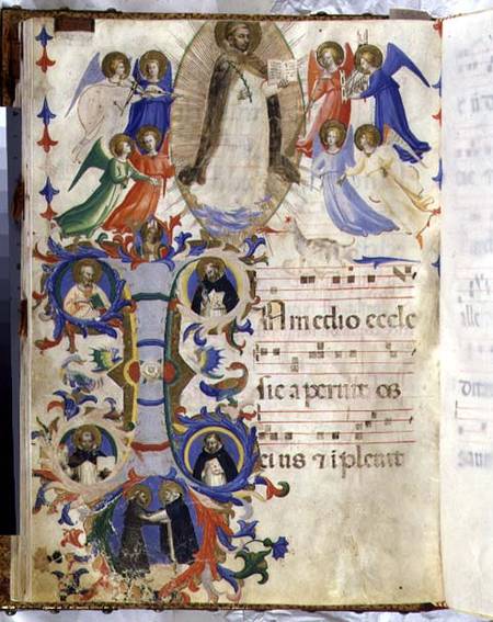 Ms 558 f.67v Page depicting St. Dominic and an historiated initial 'I' from a gradual book from San von Fra Beato Angelico
