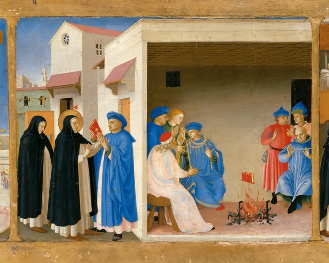 Die Disputation und das Buchwunder des Heiligen Dominikus (Predella des Altarretabel Die Marienkrönu von Fra Beato Angelico