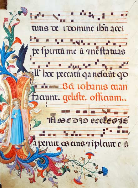 Ms 558 f.13v Historiated initial 'I' depicting St. John the Evangelist, with page of musical notatio von Fra Beato Angelico