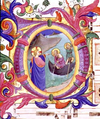 Missal 558 f.9r Historiated initial 'O' depicting the Miraculous Draught of Fishes (detail of 88928) von Fra Beato Angelico