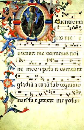 Ms 558 f.55v Page of choral notation with an historiated initial 'O' depicting St. John the Baptist, early 1430