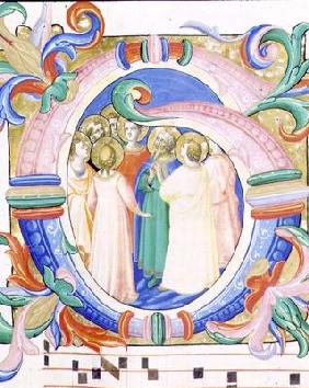 Missal 558 f.41v Historiated initial 'G' depicting the Pentecost 02nd