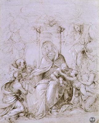 Madonna and Child enthroned with St. John the Baptist presented by an angel and St. Monica (pen and von Fra Bartolommeo