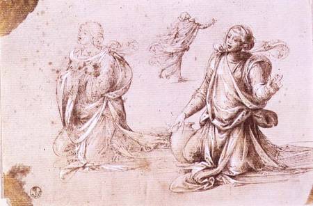 Three studies of a female figures for The Woman of Samaria (pen and ink on paper) von Fra Bartolommeo