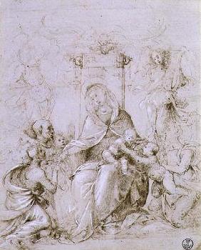 Madonna and Child enthroned with St. John the Baptist presented by an angel and St. Monica (pen and 05th-