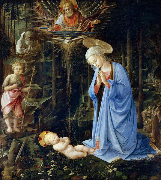 Maria das Kind verehrend (Die Anbetung im Walde) von Fra Filippo Lippi