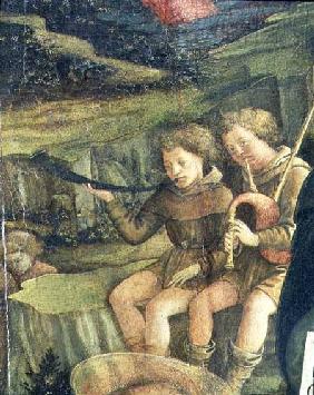 Two Musical Shepherds, detail from The Nativity 1470