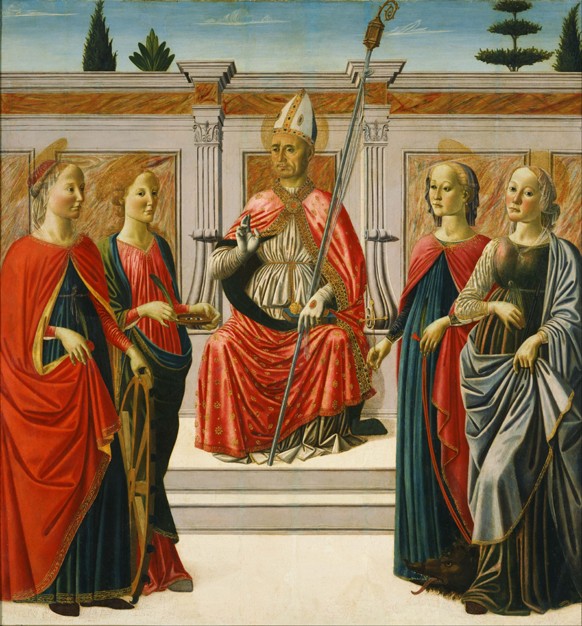 Heiliger Nikolaus mit Heiligen Katharina, Lucia, Margareta und Apollonia von Francesco Botticini