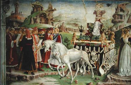 The Triumph of Minerva: March, from the Room of the Months, detail of the chariot and the group of s von Francesco del Cossa