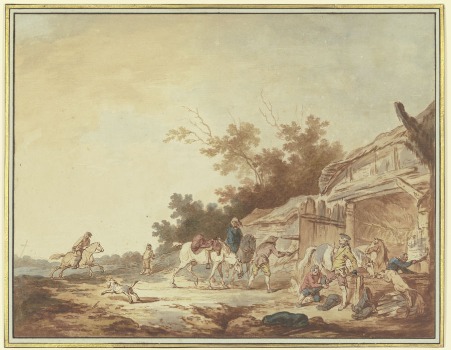 Ein Reisender, dem die Reitstiefel angezogen werden, steht mit seinen Pferden bei einer Tränke vor e von Francesco Giuseppe Casanova