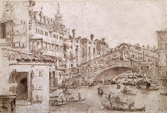 The Rialto Bridge, Venice (pen & brown ink on paper) von Francesco Guardi