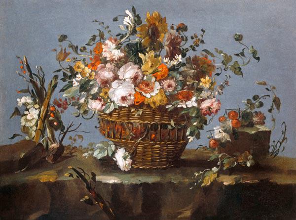 Blumen in einem Korb und ein kleiner Zweig mit Kirschen.