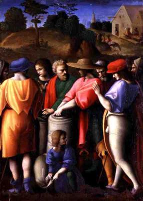 The Search for the Stolen Cup, from 'The Stories of Giuseppe Ebreo' (tempera on panel) von Francesco Ubertini Verdi Bachiacca