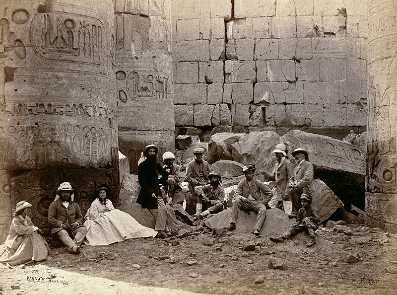 Group photograph in the Hall of Columns, Karnak, Thebes, 1862 (b/w photo)  von Francis Bedford