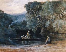 River scene with boat and figures c.1825