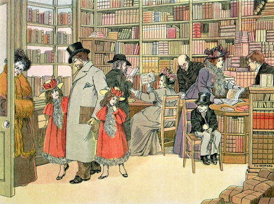 The Book Shop, from 'The Book of Shops', 1899 (colour litho) von Francis Donkin Bedford
