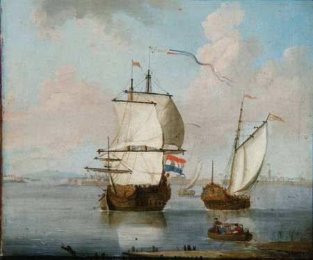 A Dutch East Indian man and a Royal Yacht in an Estuary with a Town Beyond von Francis Swaine