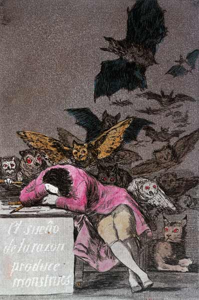 The Sleep of Reason Produces Monsters, plate 43 of 'Los Caprichos', published c.1810 (colour engravi von Francisco José de Goya